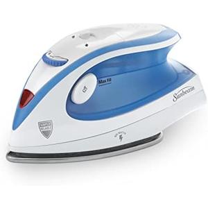 Sunbeam Hot-2-Trot Travel Steam Iron, 800 Watt Dual Voltage 120/240, Compact Size, Portable, Non-Stick Soleplate, Soft Touch Handle, Horizontal or Vertical Use, White and Blue