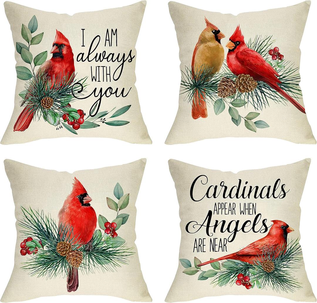I Am Always with You Cardinal Red Birds Decorative Throw Pillow Cover Set of 4, Pine Cones Berry Cushion Case Decor, Winter Holiday Memorial Pillowcase Christmas Decorations for Sofa Couch 18x18 (18" x 18" (Pack of 4))