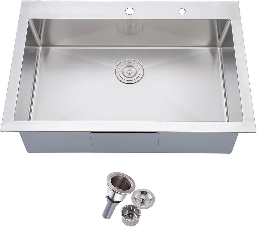 Friho 28 Inch Drop in Kitchen Sink, 28x18 Topmount Commercial Handmade 16 Gauge Single Bowl Stainless Steel Sink with Basket Strainer, 28"x18"x9"