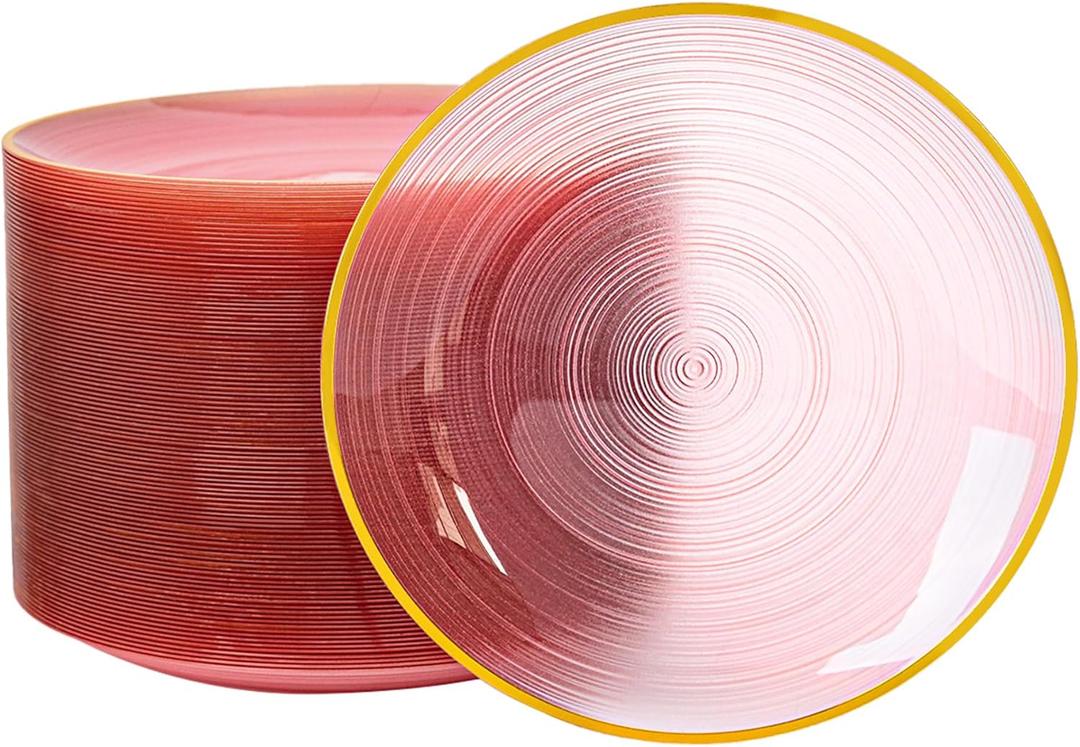 100PCS Transparent Pink Gold Plastic Plates, 7 Inch Heavy Duty Disposable Dessert Plate with Gold Rim, Round Appetizer/Salad Plates for Wedding, Party, Camping, Picnic