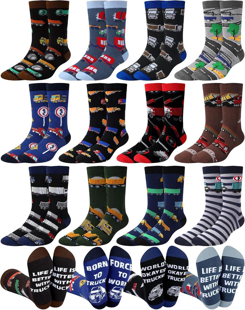 Glitopper 12 Pair Truck Driver Socks for Men Funny Cotton Crew Socks Trucker Driver Gifts for Husband Dad Birthday Fathers Day Accessories, 7.5" Inches