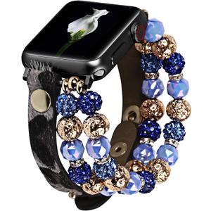VIQIV Bracelet Band Compatible with Apple Watch Ultra Band 45mm 44mm 49mm 42mm 41mm 40mm 38mm Series 8 7 6 5 4 3 2 1 for Women Girls, Fashion Multi-Wraps Elastic Glitter Beaded Leopard Leather Strap for iwatch Bands