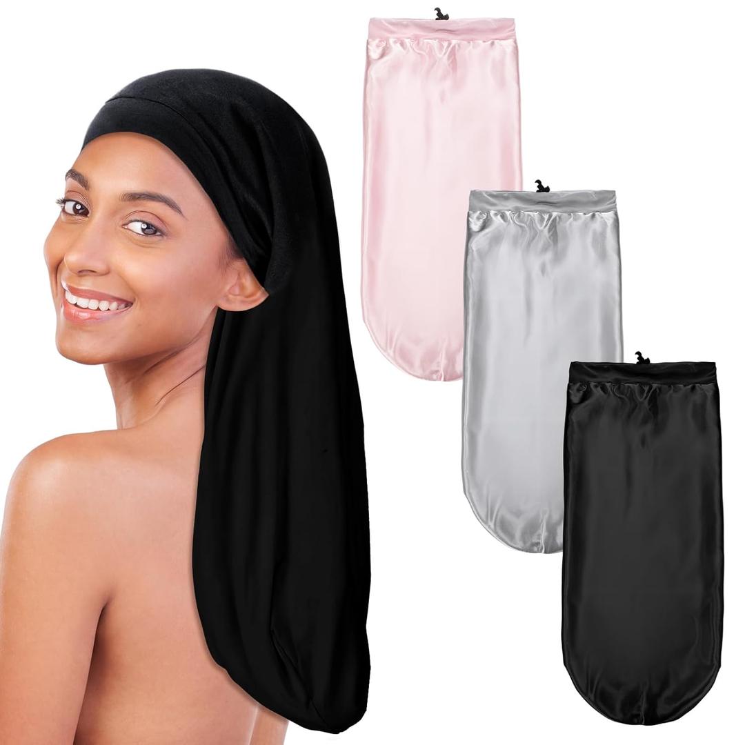 Mepase 3pcs 27 Extra Long Silk Satin Bonnet for Women Double Layered Long Bonnet for Braids Curly Hair Dreadlocks for Curly Sleeping Large Silk Sleep Cap for Black Women Frizzy Hair