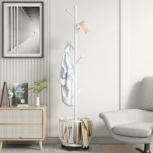 Coat Rack Freestanding Coat Stand with Basket 6 Hooks Wheels,White | Metal Coat Rack Stand Coat Tree for Home Entryway Bedroom Living Room Office Corner Modern Organizer for Scarf Jacket Hat Bag