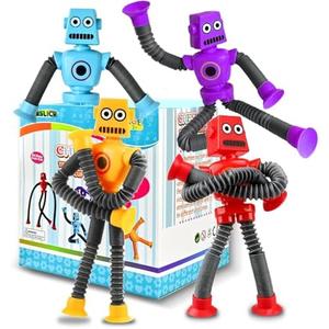 Robot Sensory Travel Toys 4Pcs for Toddlers Kid Boy Year Old Ages 3 4 5 6 7 8 9, Airplane Activities Suction Autism Pop Tube Fidget Toys Autistic Stocking Easter Basket Stuffer Valentine Gift for Kids