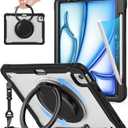 BATYUE Case for iPad Air 11 Inch M3/M2 (2025/2024), Air 5th/4th 10.9 Inch (2022/2020), Pro 11" 4th/3rd/2nd/1st, Shockproof Cover with 360 Rotating Stand, Pencil Holder, Shoulder Strap, Black (A4-Transparent (Black))