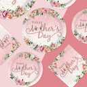 250Pcs Happy Mother's Day Party Supplies Pink Flowers Golden Plates and Napkins Golden Glitters Dots Floral Mom's Day Tableware Set for Thanks Mother Party Supplies, Serves 50