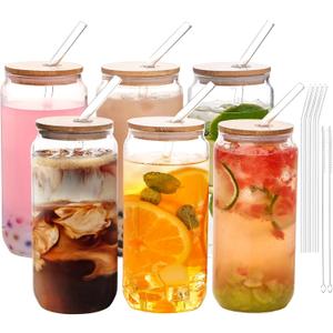 YUNCANG 6 Pack Bamboo Lid Glass Drinking Glasses with Glass Straw - 20-ounce Can Shaped Glassware for Beer, Iced Coffee, Cocktails, Whiskey, and More, Perfect for Cocktails, Whiskey, and Gifting