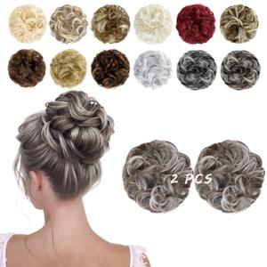 2 PCS Messy Bun Hair Piece Wavy Curly Hair Bun Scrunchies Extensions Synthetic Chignon Thick Updo Hairpieces for Women Girls(Ash Blonde mix Light Gray)