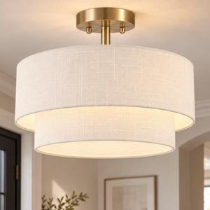 White Semi Flush Mount Ceiling Light, 16.5'' Drum Ceiling Light Fixture