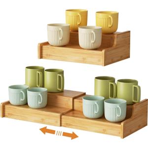 2-Tier Expandable Coffee Mug Holder, Countertop Station Bamboo Mug Cup Rack Coffee Bar Organizer, Tea Cups Stand for Cabinet, Multi-functional Mug Holder Shelf for Kitchen, Home ((11.97~23.94'')L*8.86''W*4.53''H, Bamboo)