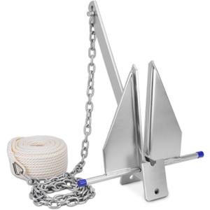 Heavy Duty Boat Anchor Kit, Fluke Style with Chain and Rope Set, Compatible with Pontoon, Deck, Fishing, and Sailboats, Galvanized Steel (13LB)