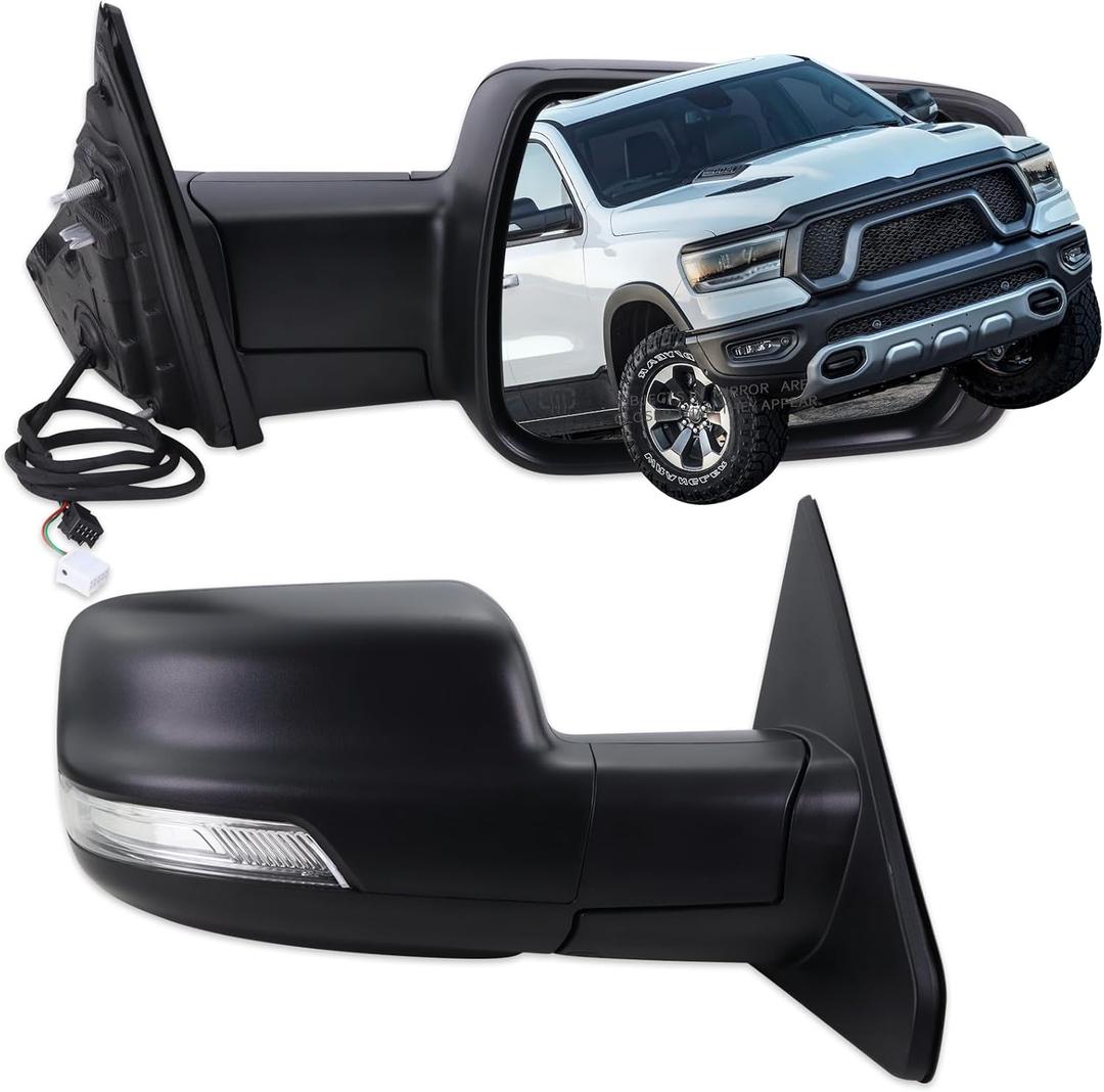 Right Passenger Side Mirror Compatible With 2019-2026 Ram 1500 With Power Folding Power Glass Heated Turn Signal Puddle Light Matte Black Replace#68276500AH (8+2Pins)