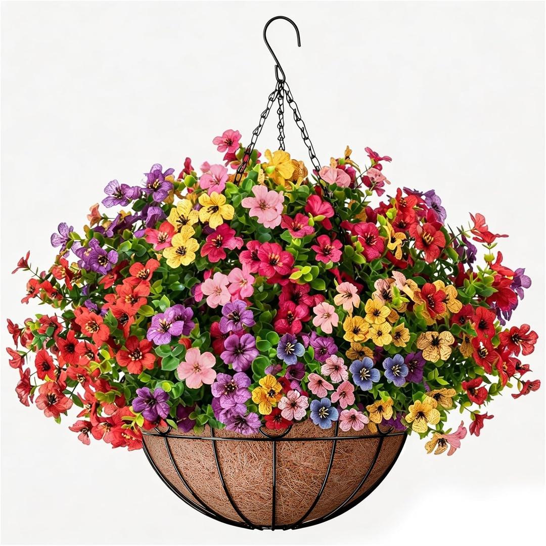 ZeeDix 18 Pcs Artificial Flowers with Hanging Baskets for Outdoors, 14 Inch Hanging Baskets with Fake Silk Flowers for Front Porch Patio Balcony Garden Home Spring Summer Decor, Large