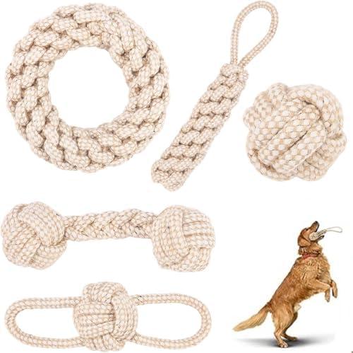 Rope Toys for Small and Medium Dogs, Chew Toys for Aggressive Chewers, Handwoven Cotton & Hemp Chew Toys with Knot and Ball, Interactive Toys for Tug of War, Training, Gum Massaging (5Pcs, Hemp Toys)