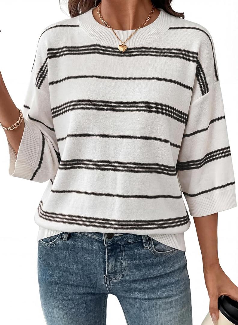Dokotoo Womens Sweaters Spring Summer Oversized 3/4 Sleeve Striped Crewneck Casual Lightweight Knit Pullover Sweater Tops, XL