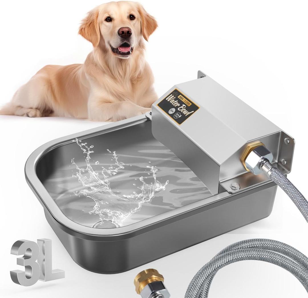 Automatic Water Dispenser for Dogs, Patented 3L Outdoor Dog Drinking Water Bowl, Stainless Steel Waterer Feeder Suitable for Chicken Livestock Animal, Fit 3/4'' GHT Faucet, Wall-Mounted, Easy to Clean