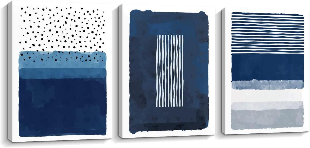 Creoate Blue Canavs Wall Art for Living Room Decor 3 Pieces Abstract Blue and White Painting Canvas Print Framed Artwork Set for Bedroom Decor Navy Blue Canvas Wall Decor, Ready to Hang, 12x16 Inch