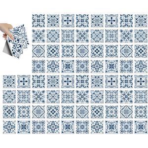 CHGCRAFT 72 Pcs 12 Style Wall Stickers Blue and White Pattern Peel and Stick Wall Tile Mandala Style Waterproof Self Adhesive Stick on Tile Decals for Kitchen Bathroom Wall Art Decor, 44 Inch