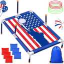 Leitee 4th of July 2 in 1 Bean Bags Toss Game American Flag Cornhole Bean Bags Patriotic Ring Toss Game Kids Patriotic Cornhole Games Set Independence Day Party Games Ideal for Ages 4-8 Toddlers