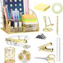 JUOPIEA Desk Organizers and Accessories Office Supplies 12PS Set with Acrylic Stapler, Staple Remover, Pen Holder, Clips, Scissor, Phone Holder, 1 Pen Ect (Gold)