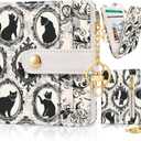 Vintage Black Cats Rfid Ladies Wallet, Small Slim Thin Compact Credit Card Women Wallet, Art Aesthetics PU Leather Bifold Cash Zipper Coin Pocket for Female