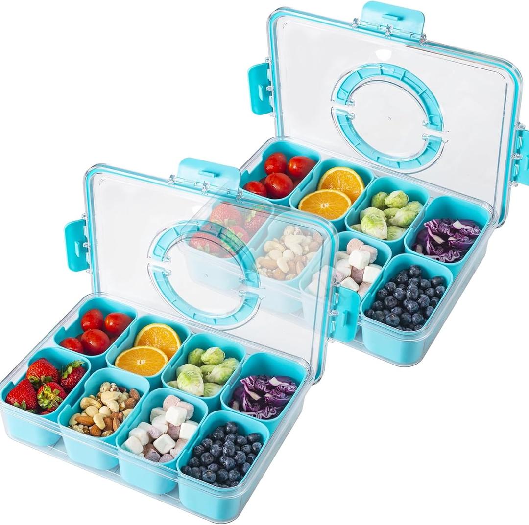 Snackle Box Container with Sealed Lid  Portable BPA-Free Snack Box with Foldable Handle, Divided Serving Tray for Fruit, Candy, Nuts & Veggies  Perfect for Travel, Picnic, Beach & Party 11.8" x 8.8" (Blue)