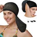 Womens Swim Cap for Long Hair PU Fabric Hairnet Swimming Caps for Women Men Adults Youths with Ear Plug and Nose Clip, Swim Hats Pool Caps to Protect Hair no Pulling (Medium, Black)