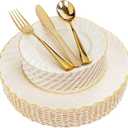 YOUBET 125PCS Scalloped Plastic Plates - Ivory Scalloped Disposable Plates - Gold Plastic Dinnerware Set Include 50 Plates, 75 Gold Silverware for Party & Wedding & Christmas