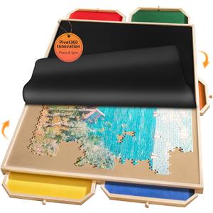 1500 Rotating Puzzle Board Pro, with 6 Drawers, Rubber Cover Mat, 34" x 25", 360 Lasy Susan, Sort-Wise Colorful Felt Drawers & 4 Trays, Wooden Jigsaw Puzzle Table, Birthday Gifts for Mom