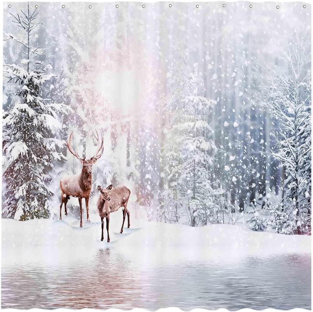 Allenjoy 72x72 inch Winter Theme Merry Christmas Shower Curtain Set Nature Forest Snowy Scenery Deer Bathroom Curtain Durable Waterproof Fabric Bathtub Sets Home Decor