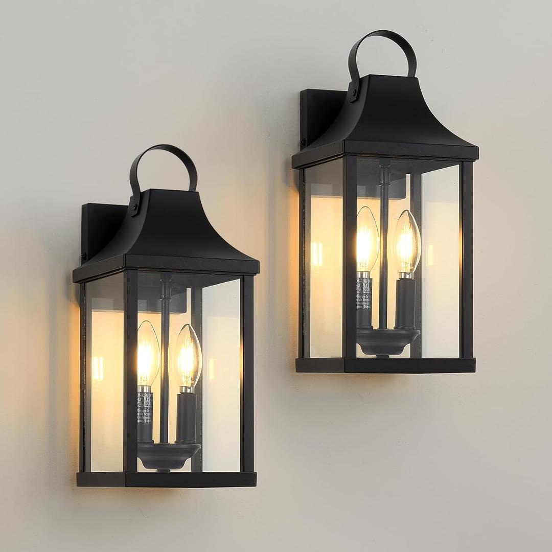Outdoor Wall Sconces Set of 2, 15 Black Outside Wall Mounted Light Fixture, Exterior Farmhouse Wall Sconce Lantern 2-Light, Modern Porch Lighting Exterior Lamp for House, 2 Pack