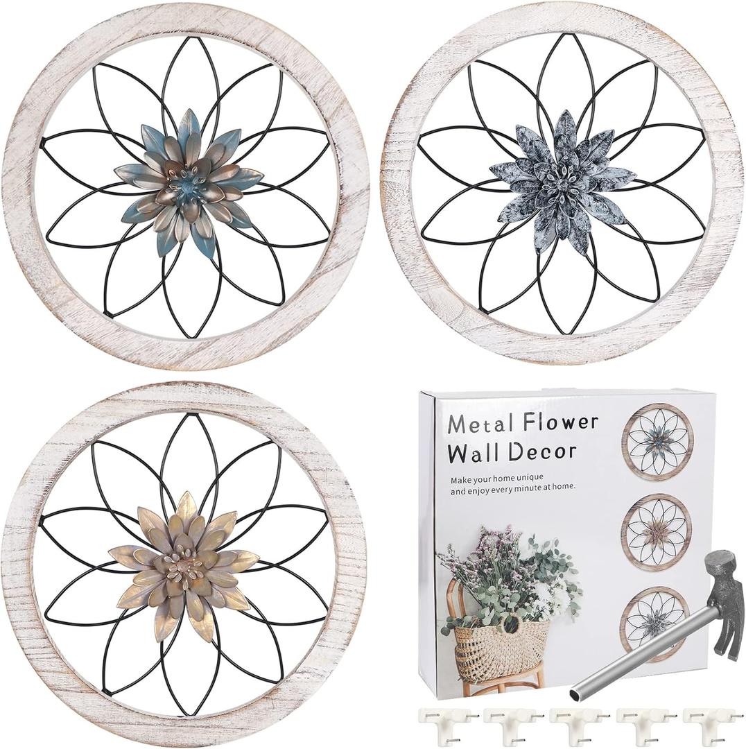 Horse 3 Pieces Ultra-thick Farmhouse Rustic Wall Decor, Wooden Frame Iron Flower Farmhouse Hanging Decoration for Outdoor,Bedroom, Living Room, Bathroom, Kitchen,Indoor (White)