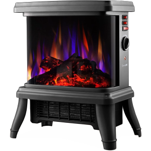 18“ Panoramic Window 1500W/1650W Electric Wood Stove Fireplace with Flame Effect, 4 in 1 Freestanding Indoor Space Heater. 3S of Rapid Heat. Fully Curved 3D Panoramic Flame Effect,Black