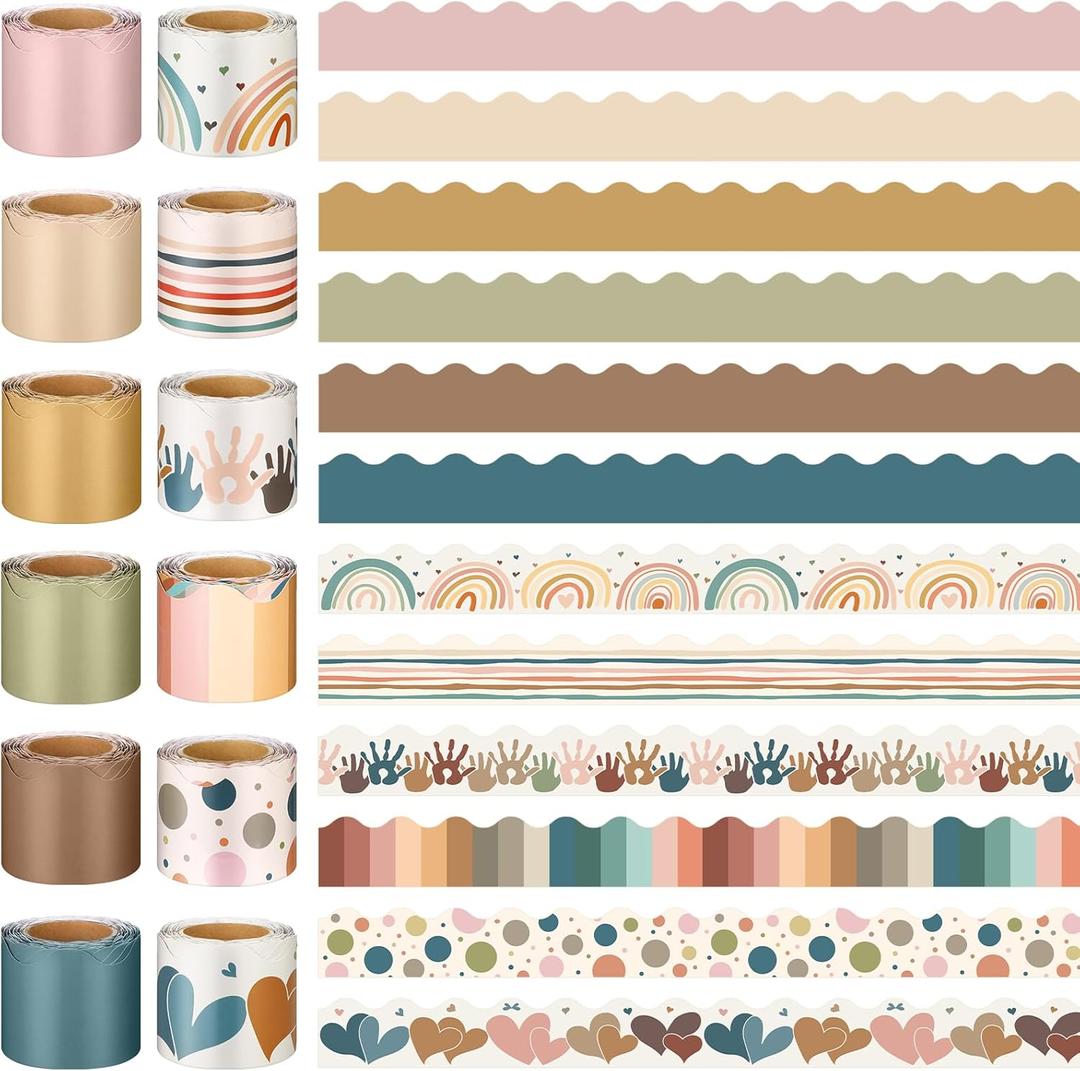 Geyee 12 Rolls 394 ft Boho Bulletin Board Borders Bohemia Bulletin Board Decorations Colorful Rainbow Aesthetic Trim for School Classroom Wall Decor