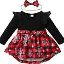 1st Christmas Outfit Newborn Baby Girl Flutter Lace Long Sleeve Top Floral Skirt Bodysuit Xmas Dress Headband (0-6 Months, Red- Plaid)