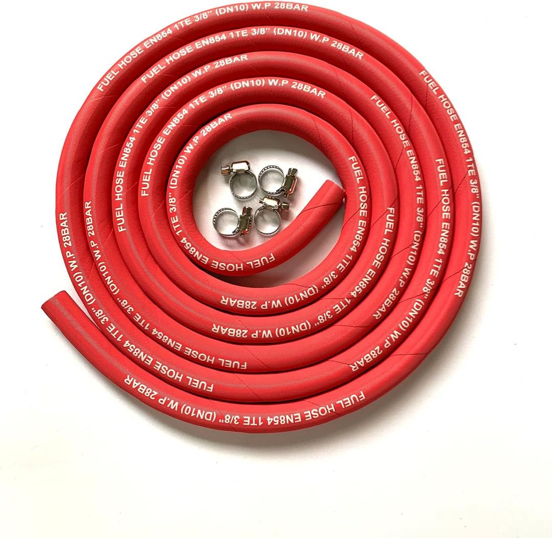 10FT Fuel Line Hose 10mm 3/8" inch,6AN High Pressure Hose,2.8Mpa 400PSI for Fuel Systems Engines Tube Hose Multiple Size Options,Implementation Standards:EN854,Red (Attached Hose Clamp)