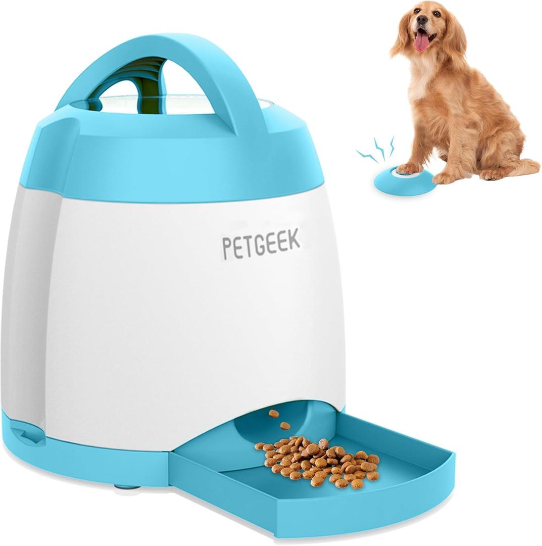 PETGEEK Automatic Dog Feeder/Treat Dispenser with Rechargeable Button Remote Control, Interactive Dog Food Puzzle & Stimulation Toys, 400ml Capacity Pet Dispensing Toy for Indoor/Outdoor Play (Upgraded Blue)