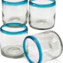 Hand-Blown Cocktail Glasses From Mexico Set of 4 Lowball Rocks Glasses | Authentic Handcrafted 12 oz Old Fashioned Cocktail Glasses | Mexican Kitchen & Barware Gift Set | Blue Rim