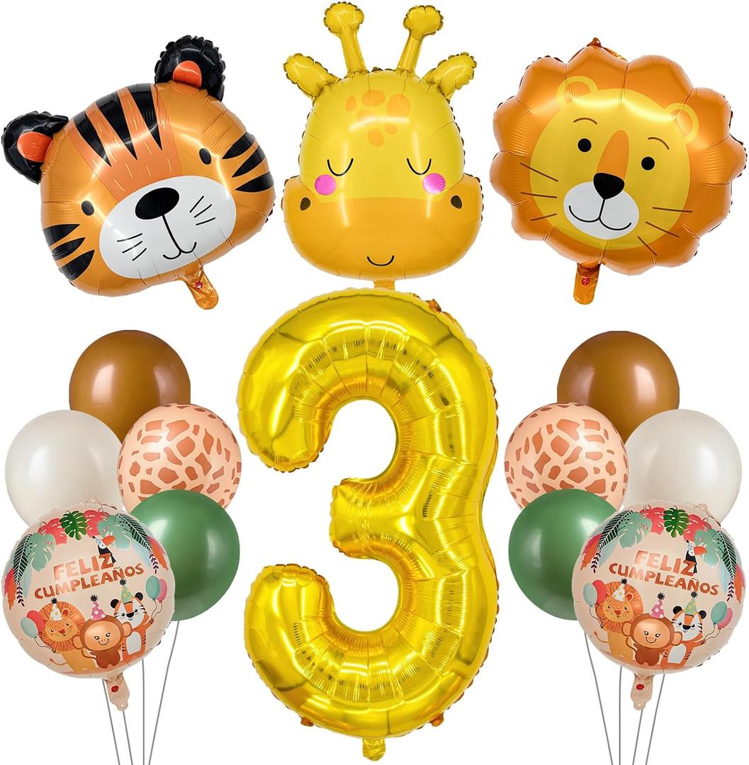14Pcs Extra Large Tiger, Giraffe & Lion Safari Animal Balloon Set for 3rd Birthday Decorations - Jungle Themed Party & 40" Gold Numeral Foil Balloons (Animal Theme, 3)