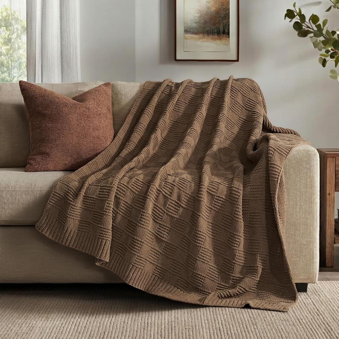 EVERGRACEHOME Modern Checkered Chenille Throw Blanket, Soft Cozy Plaid Knitted Blanket for Sofa & Couch, Decorative Knit Throw for Bed and Living Room, Camel Brown, 60" x 80"