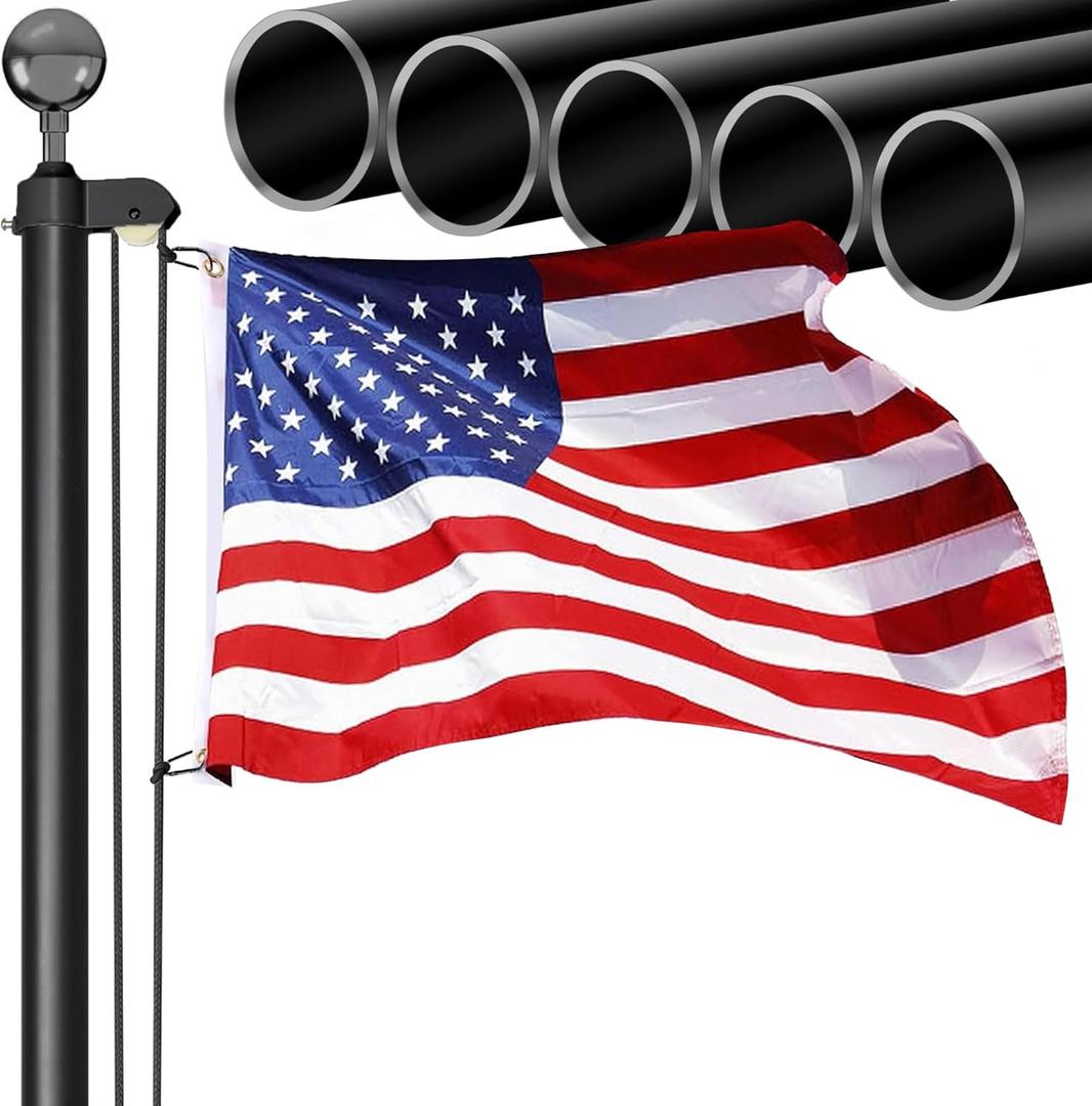 20FT Sectional Flag Pole Kit, Extra Thick Heavy Duty 14 Gauge Aluminum Flag Poles, Outdoor In ground Flagpole with Free 3x5 Polyester American Flag for Outside, Residential or Commercial (Black)