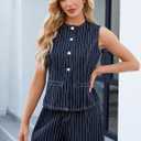 Denim Vest Women Jean Vest Tops Button Down Sleeveless Denim Tank Tops Crew Neck Summer Trendy Waistcoat with Pockets (Large, 03-blue Striped)