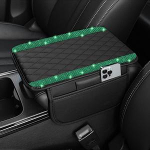 Bling Car Center Console Cover, Leather Car Arm Rest Cover Cushion with 2 Storage Bags, Universal Auto Armrest Protector Storage Box, Bling Accessories Interior for Most Vehicles (Green Diamond)