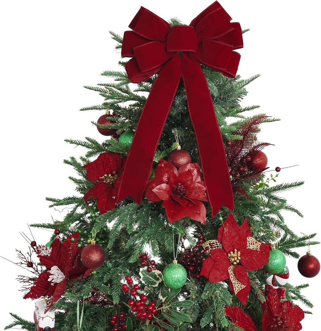 13" Red Bow Pre-Tied Bow for Christmas Tree, Red Velvet Ribbon Bow for Wreaths, Tree Toppers Bow, Premade Bow, Gift Bow for Party Favor, Christmas Home Indoor Outdoor Decor-1 Counts