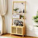Bookcase with Drawers, 4-Tier Bamboo Bookshelf Ladder Shelf with 6 Hooks, Tall Narrow Book Shelf, 24.8"L x 10.6"W x 59.5"H, Standing Storage Organizer for Living Room, Home Office, Bedroom, Bathroom
