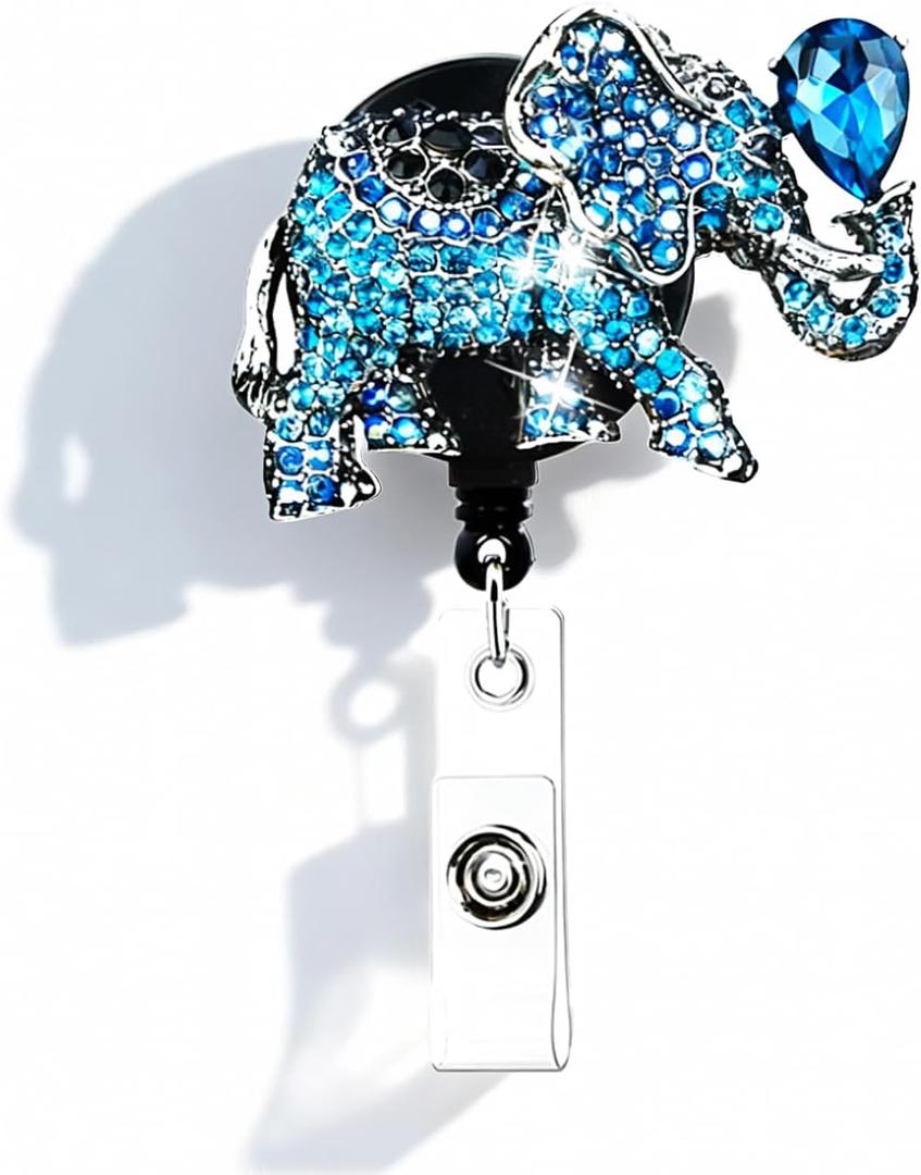 Blue Bling Elephant Badge Reel, Retractable Badge Holder with Belt Clip, ID/Name Badge Clip for Women Nurse