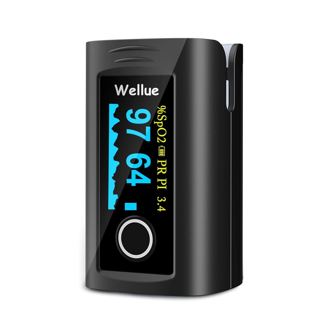 Wellue Fingertip Pulse Oximeter, Blood Oxygen Saturation Monitor with Batteries, Carry Bag & Lanyard for Wellness Use (Black)