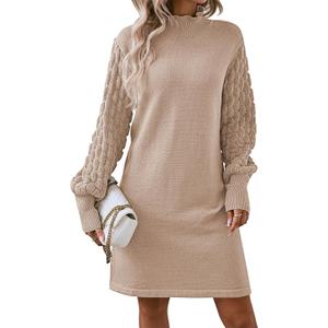 Sovoyontee Women's 2025 Fall Long Sleeve Mock Neck Sweater Dress Casual Loose Ribbed Knit Mini Short Pullover Dresses (Beige, S)