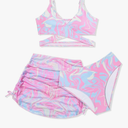Girls Swimsuits 3 Piece Bathing Suit Allover Printed Criss Cross Bikini Set with Cover Up Skirt Beach Swimwear 15-16 Years